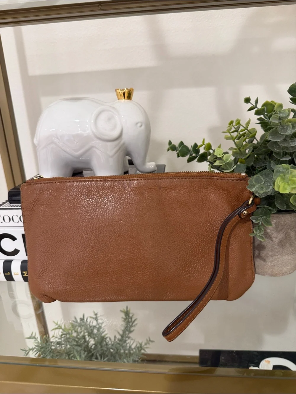 Michael Kors Cognac Leather Wristlet with Gold MK Emblem